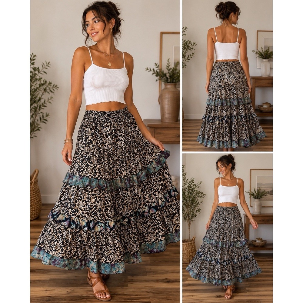 Vintage 90s Carole Little USA Tiered Boho Maxi Skirt Paisley Prairie Size 6